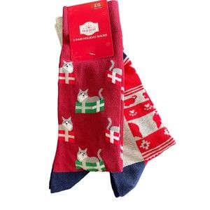Holiday Time Mens Christmas Cats Novelty Crew Socks 2 Pair Size 6-12